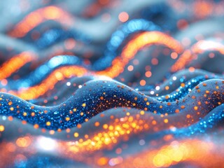 Obraz premium Abstract Wavy Surface with Orange and Blue Glowing Particles, Bokeh Effect.