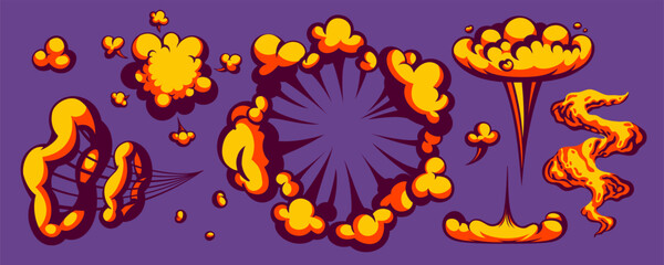 Fototapeta premium Cartoon fire cloud vector with comic explosion and smoke on purple background. Yellow and orange flames and clouds in cartoon style. Ideal for action scenes, game UI, stickers, retro posters