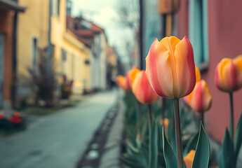 Vibrant Tulips Blooming on a Cobblestone Street