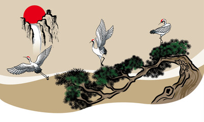 Elegant red crown cranes and pine tree drawing. Vector presented in Chinese ink brush style.
