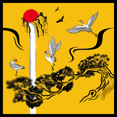 Elegant red crown cranes and pine tree drawing. Vector presented in Chinese ink brush style.
