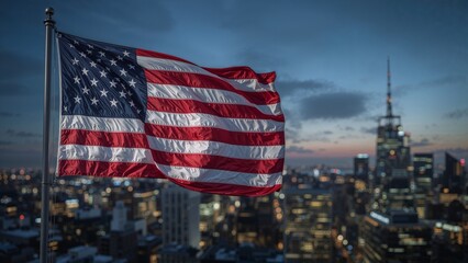 American flag waves against the city skyline at twilight.