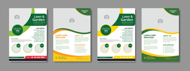 Landscape Gardening Services Lawn Care Flyer Template with Green and Yellow Accents