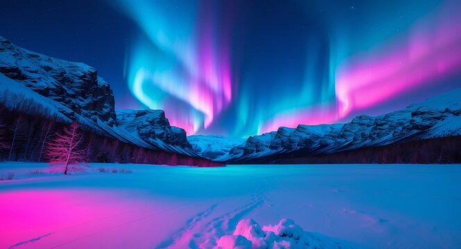 Aurora Borealis Over SnowCovered Mountains, Northern Lights Phenomenon, Winter Night.