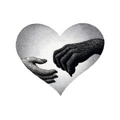 Two different hands, a human and a bear paw, tenderly reaching towards each other, symbolizing connection and care, all encapsulated within a heart shape. This artwork conveys themes of empathy.