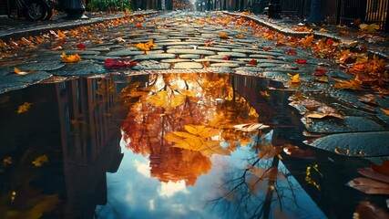 Autumnal puddle reflection on cobblestone street - Powered by Adobe