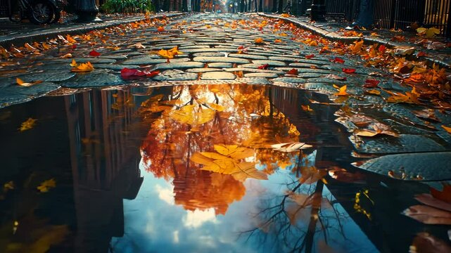 Autumnal puddle reflection on cobblestone street