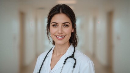 Confident female healthcare professional in a hospital hallway.