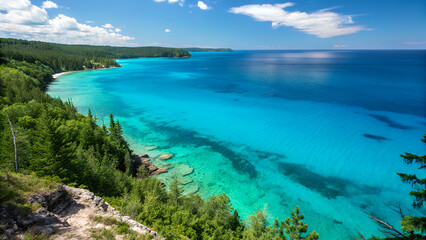 Fototapeta premium Aerial view of a stunning turquoise bay with clear water and lush green coastline