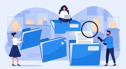 Fototapeta premium Digital illustration of three adults interacting with oversized blue file folders and documents, symbolizing organization, data analysis, and teamwork, set against abstract shapes on a light backdrop