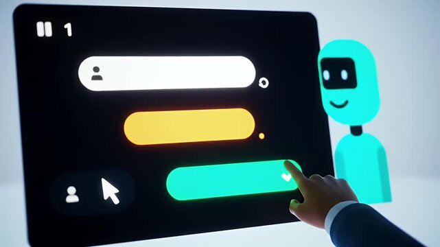 User interface design with colorful interactive elements and a friendly robot character.