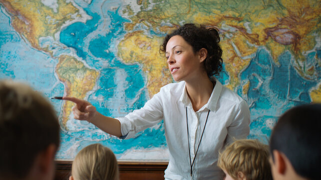 Inspirational Geography Lesson: Teacher Engaging Diverse Students with Educational World Map for Interactive Learning