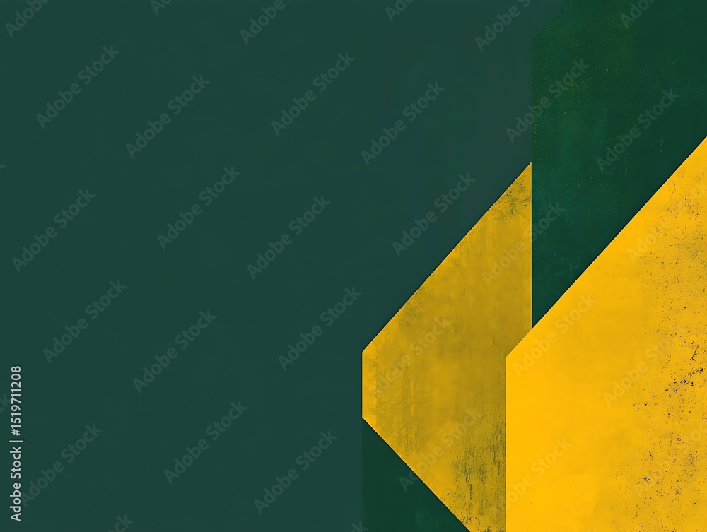 Poster simple flat yellow geometric shape positioned on the mid-left of a deep green background, featuring 