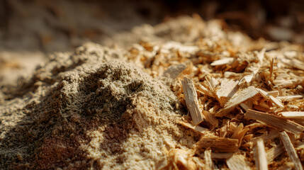 A close up image showcasing a pile of freshly produced sawdust and wood shavings in natural light