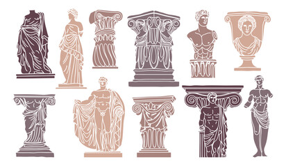 Greek statues aesthetic hand drawn set. Sculptures and architectural elements. Illustrations of antique statues for poster design, wall, pattern, collage.