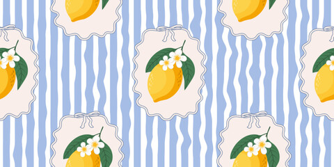 Seamless lemons pattern on blue and white wavy stripes. Summer repeating fruit pattern. Mediterranean coastal design background.