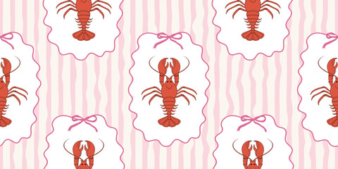 Seamless lobster pattern on pink and white wavy stripes. Summer repeating seafood pattern. Mediterranean coastal design background.