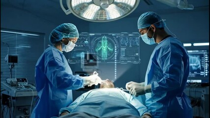 Surgeons perform operation using advanced holographic HUD displaying real-time medical data. High-Tech Surgery with Futuristic Medical HUD Interface - Powered by Adobe