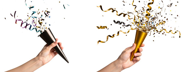  Hand holding party popper just after popping, confetti in air Transparent Background PNG
