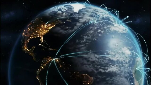 Planet Earth viewed from space with glowing digital lines linking continents in a vast telecom network.