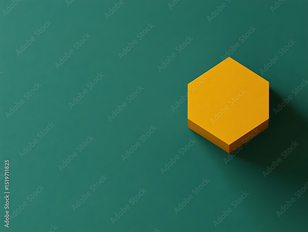 Poster simple flat yellow geometric shape positioned on the mid-left of a deep green background, featuring 