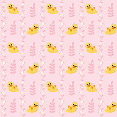 Pink Yellow Seamless Pattern with Ducks and Flowers Background.Cute Animal Repeat Design for Kids and Fabric