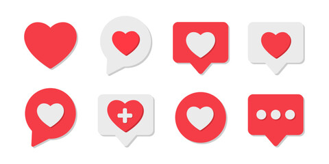 Social media likes heart emoji icons set. Speech bubble messages with red hearts. Love chat. Reaction buttons. Valentine's Day. Vector illustration