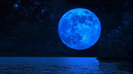 The Calm Ocean Reflects the Enchanting Glow of a Blue Moon.
