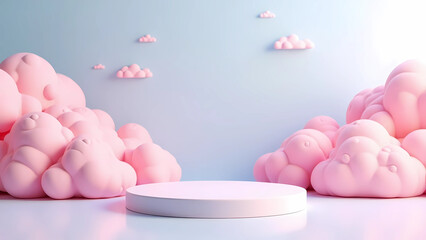 3D Product Mockup with Vivid Pink and Baby Blue Cloud Background and Glossy White Platform
