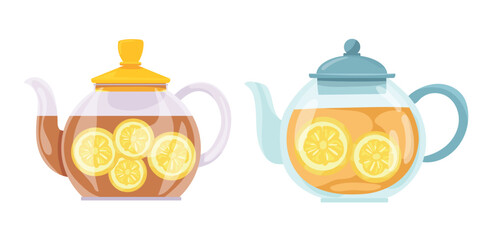 Teapot. Drink with lemon wedges in a glass teapot. Autumn, fall. Flat vector clipart, illustration with isolated background.