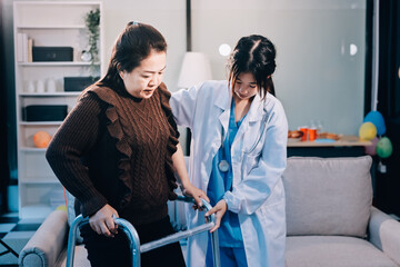 Young doctor examines senior patient's leg.