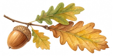 Acorn with Autumn Oak Leaves, Realistic Watercolor Style Botanical Illustration Isolated on White for Seasonal and Nature Designs