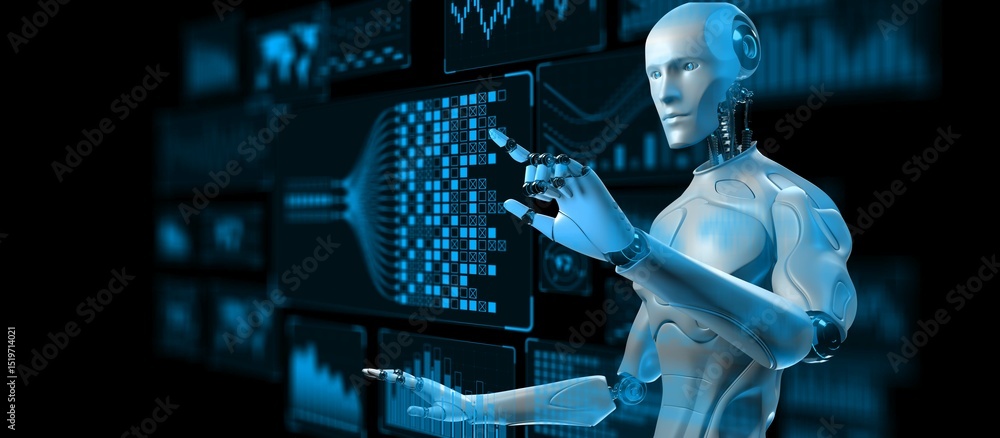 Poster ai robot with big data analytics dashboard for business and technology concept. 3d render.