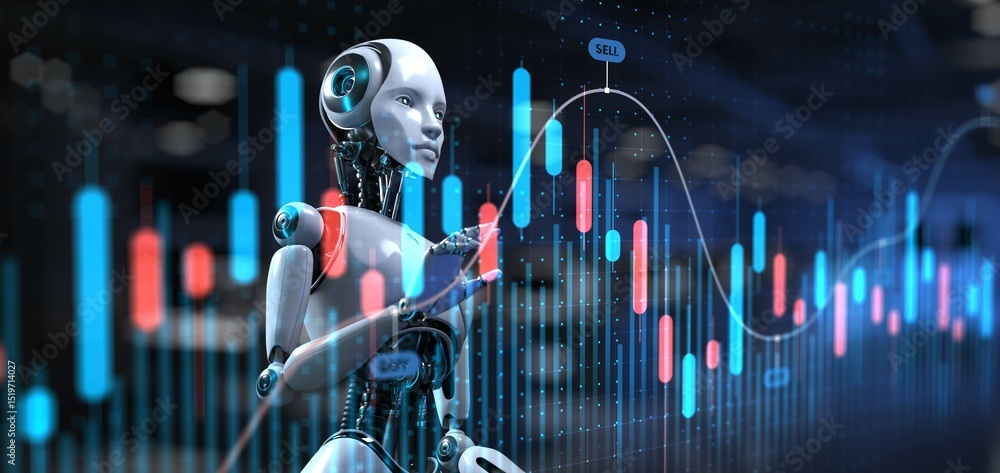 Poster advanced ai in financial trading and market analysis with robotic assistance. 3d render.