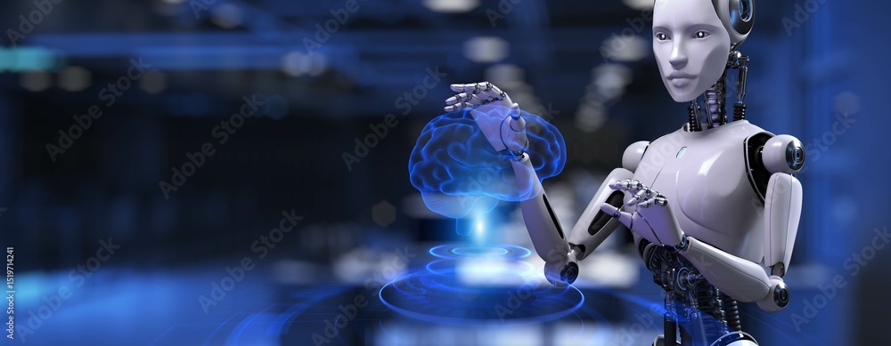 Aufkleber ai brain and robotics interaction for data processing, artificial intelligence on virtual screen, bu