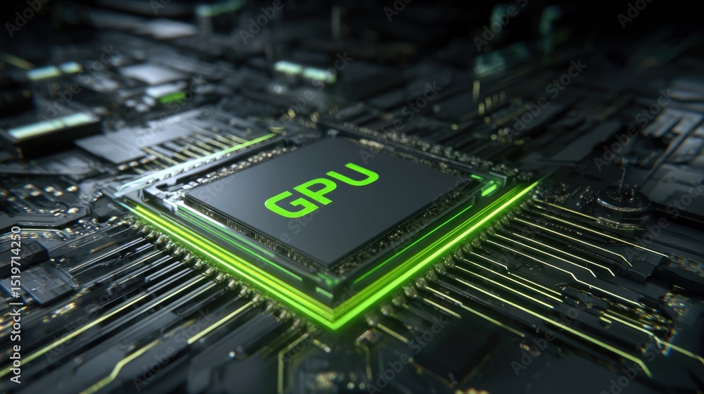 Poster high-tech gpu chip illustration: a detailed view of a gpu chip, with its intricate circuits and glow