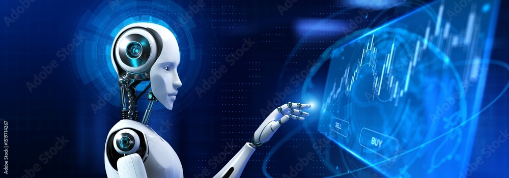 Poster ai-powered stock trading and market analysis on virtual screen. 3d render.