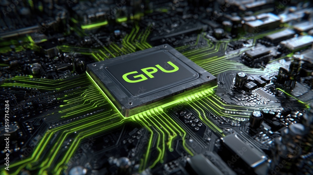 Poster illuminated gpu chip: a macro photograph displays a glowing gpu chip at the heart of a motherboard. 