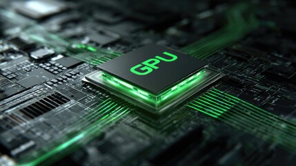 GPU Power Unleashed: A close-up shot revealing the core of a cutting-edge graphics processing unit (GPU), illuminated and ready to perform complex computations.