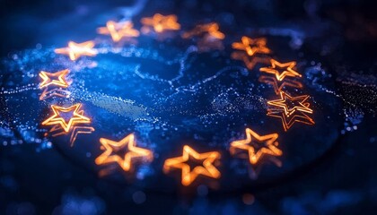 A visualization of the EU map highlighted by glowing stars against a dark backdrop.