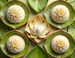 Floral Arrangement with Lotus and Green Leaves