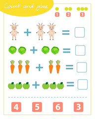 Count and glue game with goat. Education for children. Composition of numbers 1-6.