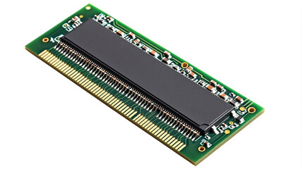 Chip on green circuit board isolated on white background.