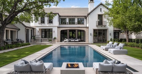 Fototapeta premium Large two-story house with white exterior in suburban Texas.