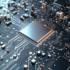A silver circuit board with a square chip in the center.