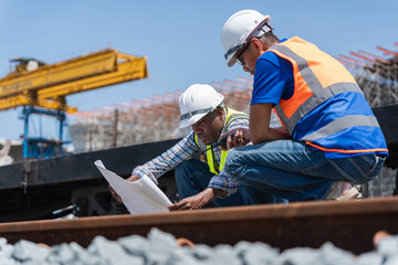 Railway Transportation Engineers Reviewing Construction Plans at Worksite, Construction Workers Discussing Project Blueprint Outdoors, Team of Engineers Inspecting Bridge Construction Site