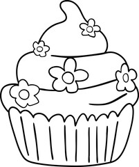 Cupcake vector illustration in doodle.Hand drawn. Isolated on white background. Muffin with flowers and cream.