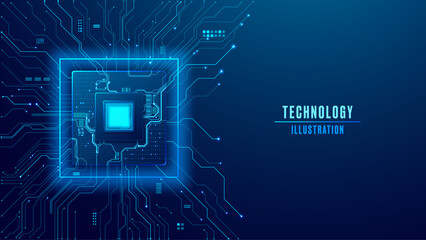 Abstract digital technology semiconductor with light blue electronics components. Futuristic circuit board background. AI chip concept. Tech background with empty text right side. Vector illustration