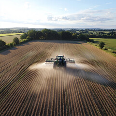A tractor is spraying water mist from a sprayer onto crops in an agricultural area.