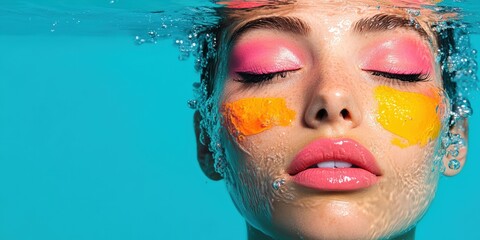 Conceptual summer beauty — model submerged below water surface, wearing waterproof colorful makeup